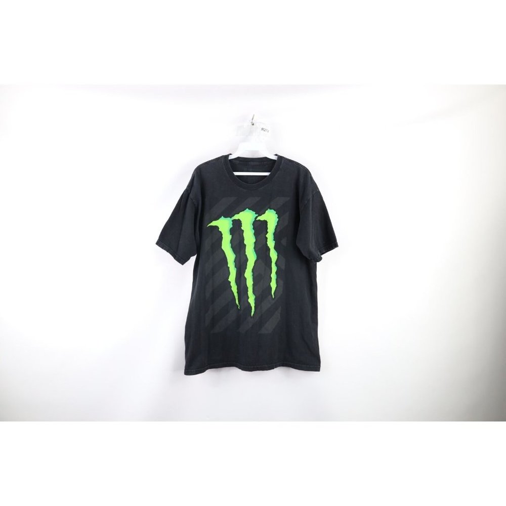 Monster Energy Drink Mens Large Faded Big Logo Short Sleeve T-Shirt Black Cotton
